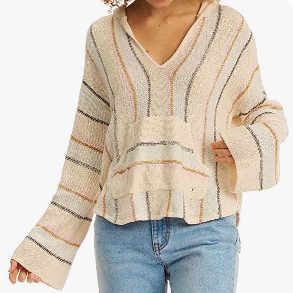 Billabong Baja Beach Striped Textured Bell Sleeve Knit Pullover Cozy Hoodie